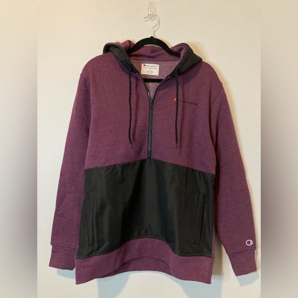 Champion Men's Fleece Woven-Mix Half Zip Two Tone Hoodie Jacket Purple Medium